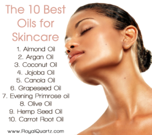 A photo of a woman next to a list of natural oils tha can be used in skincare routines.